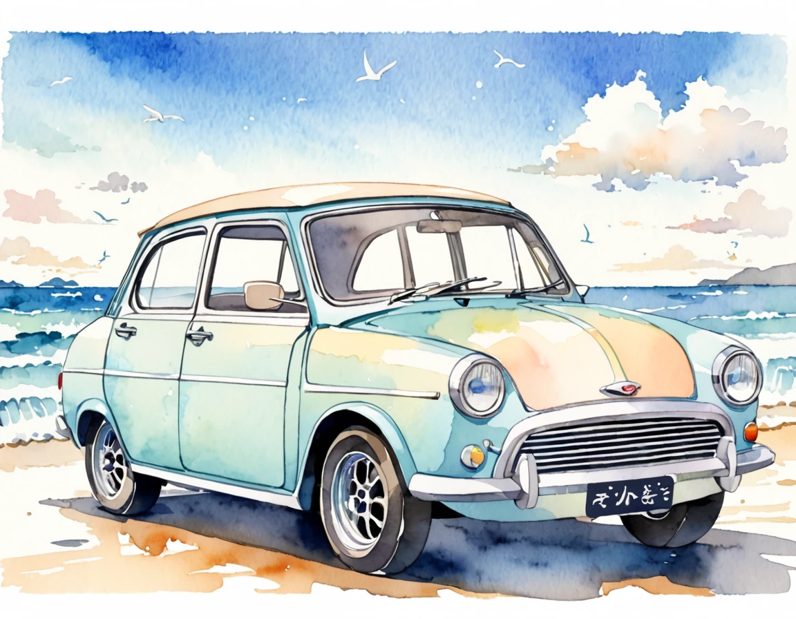 Morning Sea、Cute car、Watercolor Touch