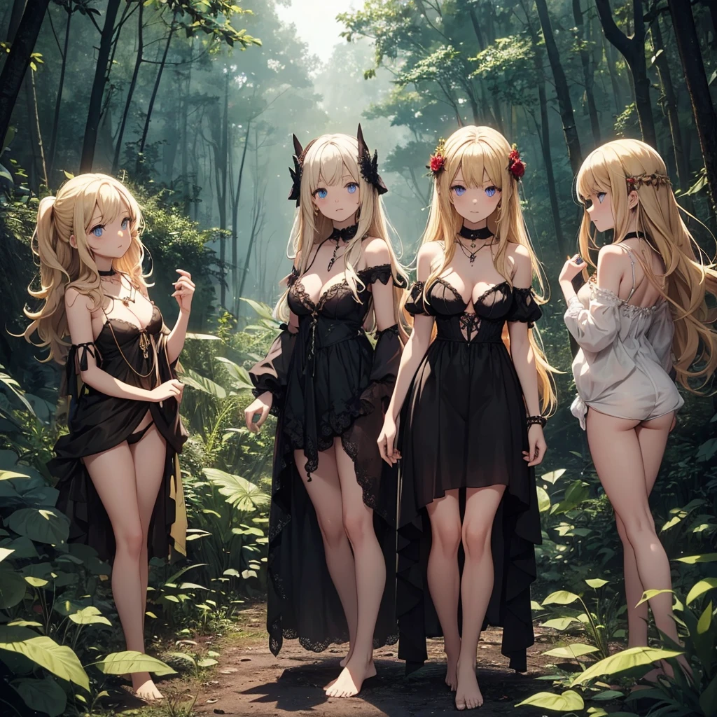 a group of beautiful witch girls in the middle of a forest in the night, standing girl young girl,scantily clad , small breasts, short black dress, necklaces, jewelry decorations, red and blonde hair, blue eyes, full body, bare feet
