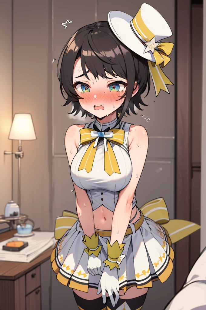 masterpiece, best quality, highres, ddsubaru, short hair, mini top hat, yellow headwear, ho****ve idol uniform, yellow bowtie, sleeveless shirt, sleeveless, wrist cuffs, white gloves, navel, white bow, layered skirt, white skirt, black thighhighs,big breasts,my room,(sweating,blush,trembling:1.2)