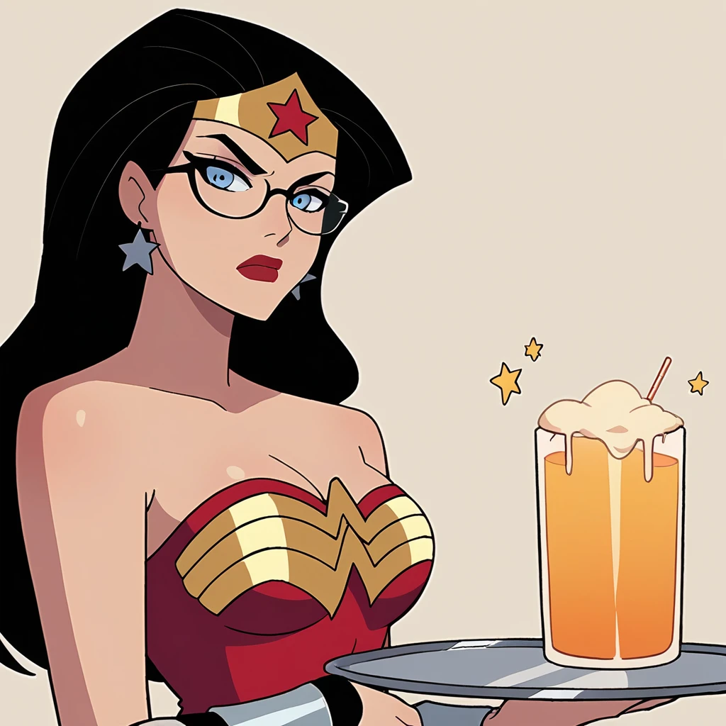 score_9, score_8_up, score_7_up, score_6_up, absurdres, best quality,  source_cartoon, wwjl, 1girl, long hair, breasts, blue eyes, black hair, cleavage, bare shoulders, jewelry, strapless, medium breasts, wonder woman, vambraces, earrings, star, symbol, leotard, makeup, tiara, lipstick, star earrings, red leotard, upper body, star print, maid tiara, maid apron, serious, Tray with glasses, cassino stage