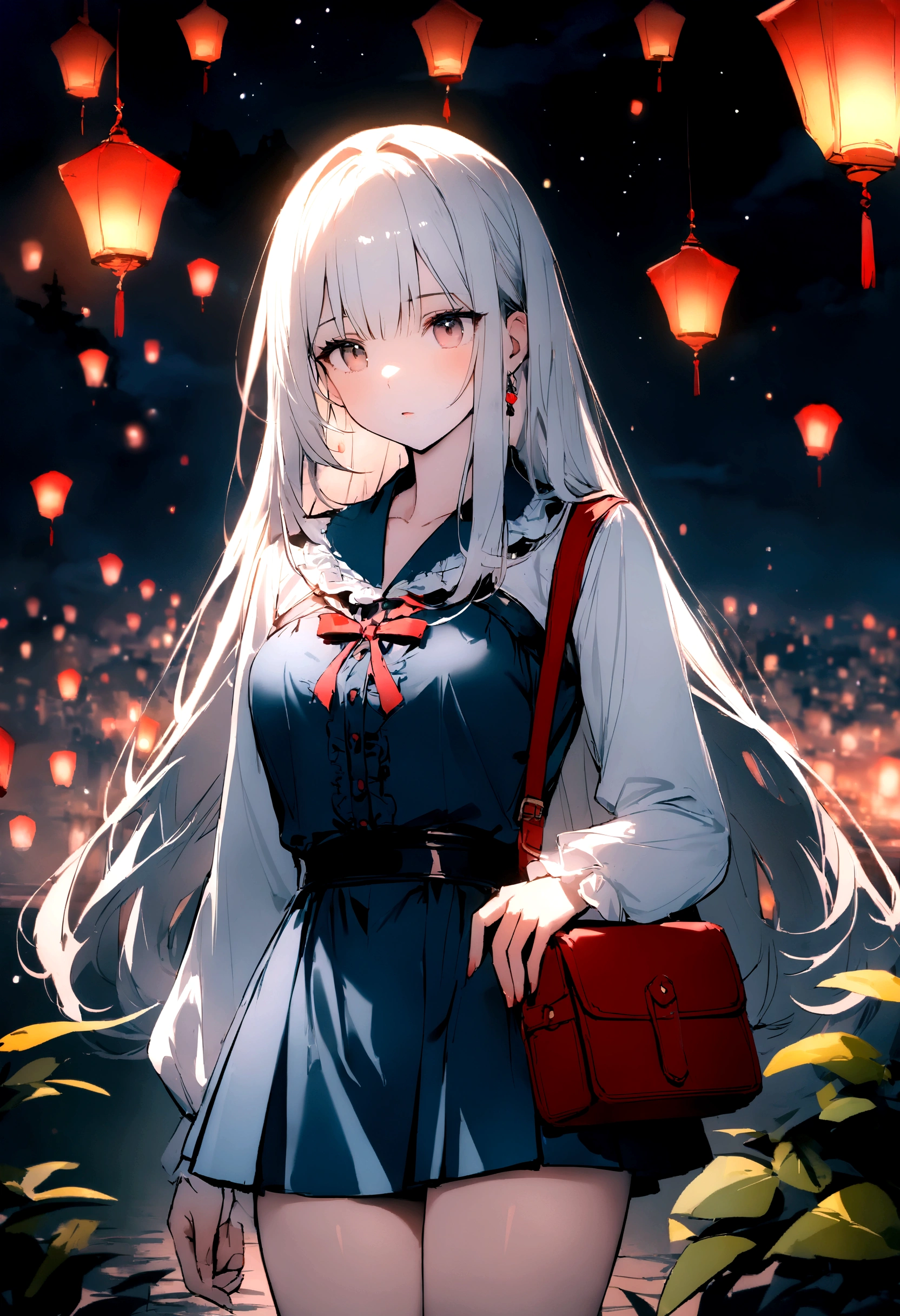 Highest quality, 8K,White, straight, long hair、beautiful girl、mini skirt、Red bag、mysterious、Fantasy、Moonlit Night