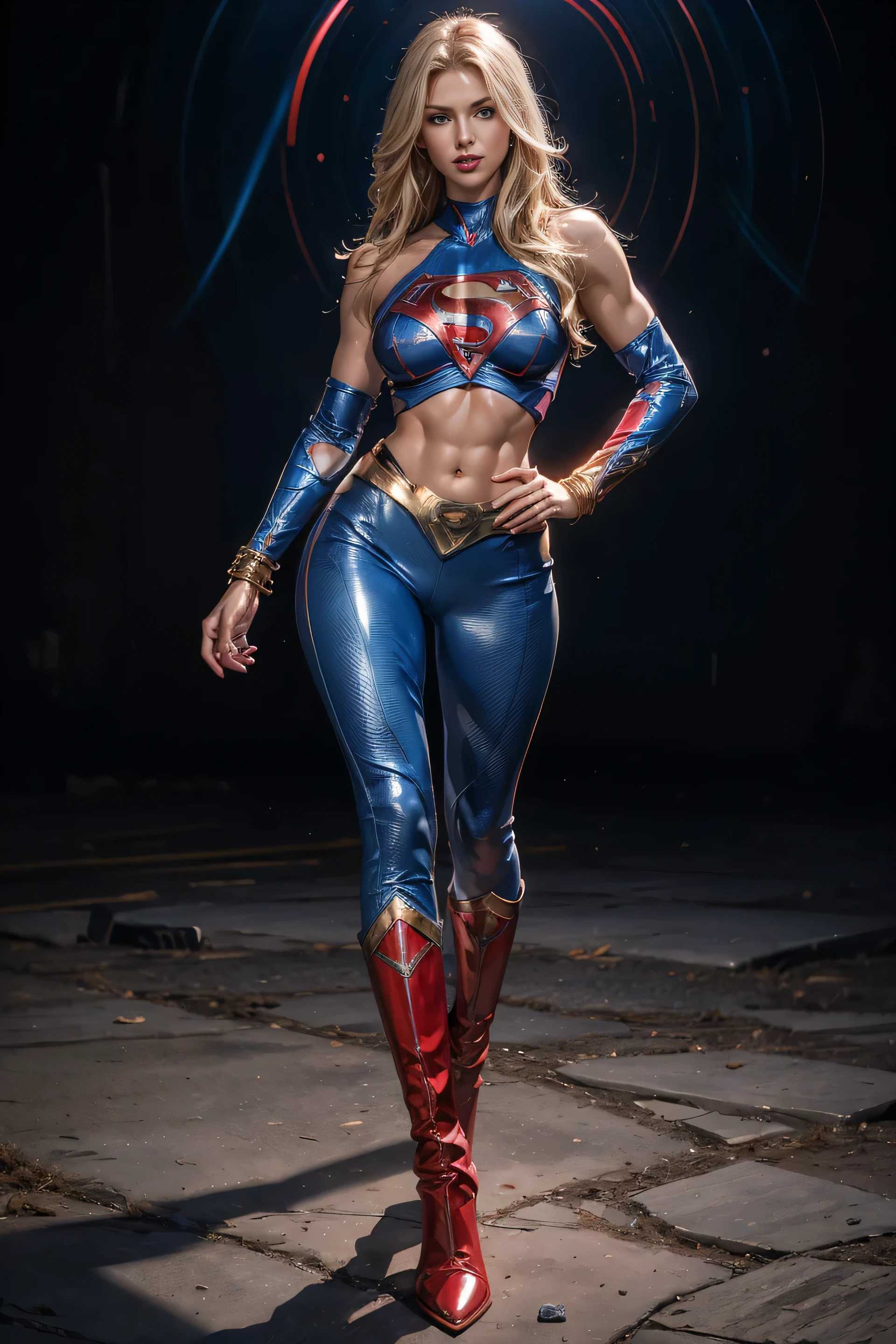 Full body shot Sexy superheroine Supergirl long blonde hair glowing blue eyes red lips muscular body large breast wears a blue metallic shiny tight leather pants, blue metallic shiny short, blue red boots, plunging sleeveless top gold shoulder pads gold bracelets revealing abs midriff a Z symbol on her chest portrait photography by artgerm, in the style of realism, glistening skin, cartooncore, mangacore, natural lighting, Defined full lips. Muscular fitness feminine body