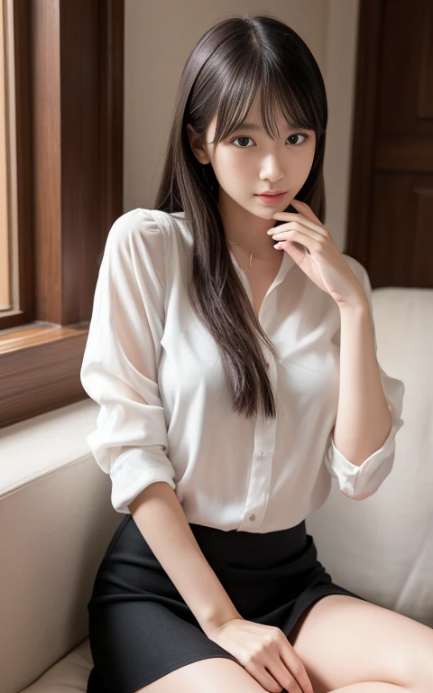 (RAW Photos, Highest quality), masterpiece, Extremely delicate and beautiful, Fine details, High resolution,Soft Lighting, Rich details, ((Perfect hands:1.2)), 片手で携帯電話を操作してSelfieすると顔が隠れる, One girl, Thin legs, Long legs, [少女はベッドの端にSitting|Sitting|蝶がSitting] , [Black Lens Stockings|knees丈ソックス|knees], thin white blouse，Black short skirt, iPhone, Selfie,Completely naked、 Open leg pose, Small hands