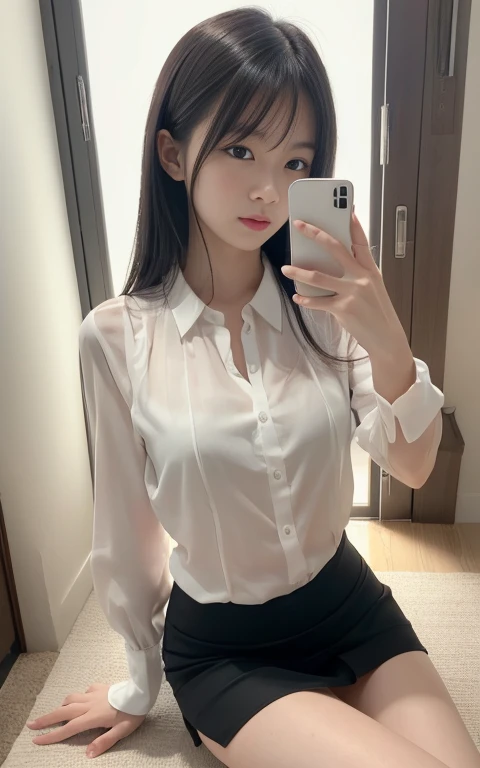 (RAW Photos, Highest quality), masterpiece, Extremely delicate and beautiful, Fine details, High resolution,Soft Lighting, Rich details, ((Perfect hands:1.2)), 片手で携帯電話を操作してSelfieすると顔が隠れる, One girl, Thin legs, Long legs, [少女はベッドの端にSitting|Sitting|蝶がSitting] , [Black Lens Stockings|knees丈ソックス|knees], thin white blouse，Black short skirt, iPhone, Selfie,Completely naked、 Open leg pose, Small hands