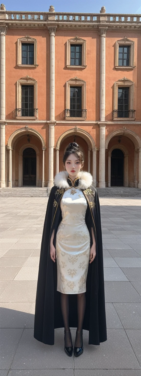 score_9, score_8_up, score_7_up, 
 an extremely refined and beautiful girl stands solo in a day scene outside a Roman-style mansion. Her small head and bun hair complement her small, perfectly detailed face. Her makeup is exquisite, with big breasts and a flat chest, emphasizing her slim, thin figure. She's wearing a fur collar and a gorgeous, exquisitely embroidered cloak that reveals her clavicle. Underneath, she has on a Maxi cheongsam, with slender legs and pantyhose, and high heels. creating a winter wonderland ambiance. Her arms are behind her back,