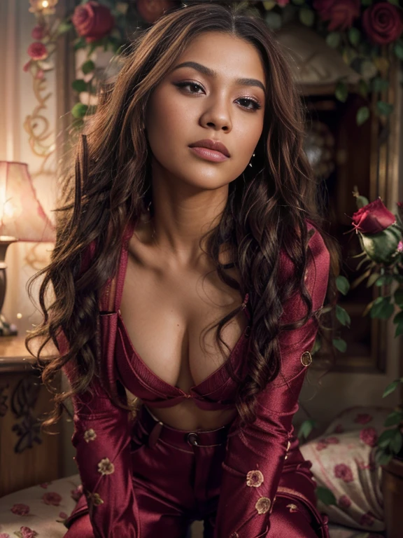 from below, best quality, ultra high res, (photorealistic:1.4), Zendaya, (makeup:1.4), long sleeve sweater, natrual breasts, (wavy hair:1.3), (surrounded by roses:1.3), (sweet romantic lighting:1.4), (seductive expression:1.1), looking at viewer, (satin cargo pants:1.05)