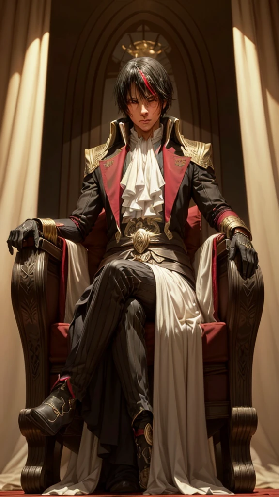 Diablo, detailed eyes, detailed face, detailed clothes, detailed black hair with red and golden line in front,  inside a palace, on a throne, sitting on a throne, character from a novel,