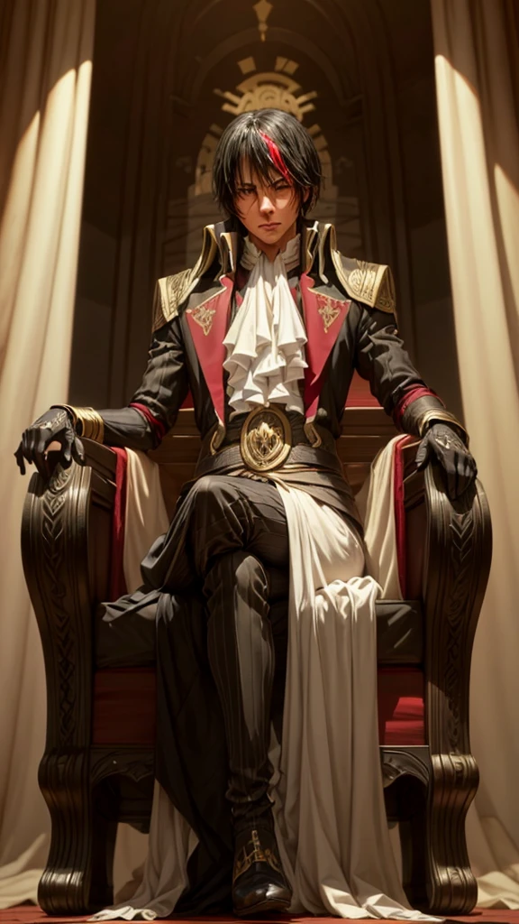 Diablo, detailed eyes, detailed face, detailed clothes, detailed black hair with red and golden line in front,  inside a palace, on a throne, sitting on a throne, character from a novel,