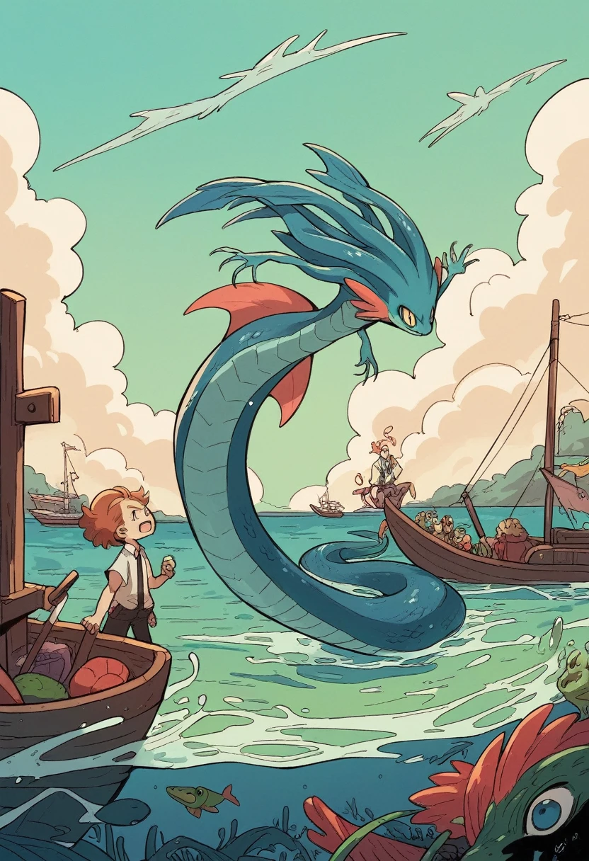 Illustration of a blue and black salamander on a boat with adventurers around him, serpentine water monster, sea serpent, Which of Caríbdis, scary Sea monster, Sea monster, cyril rolando and goro fujita, pokemon illustration, water type, aquatic creature, dnd triton