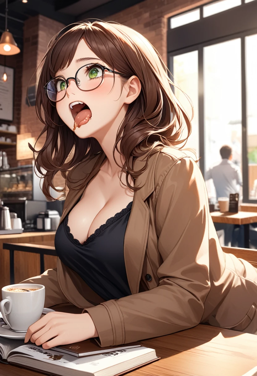 detailed illustration ,dynamic angle, ultra-detailed, detailed eyes, detailed face, 1girl, long brown hair, glasses, green eyes, open mouth, drooling, hungry, blushing, horny, short white skirt, brown jacket, black blouse, cleavage, medium breasts, sitting, coffee, table, coffee shop, excited, from the side, book on table