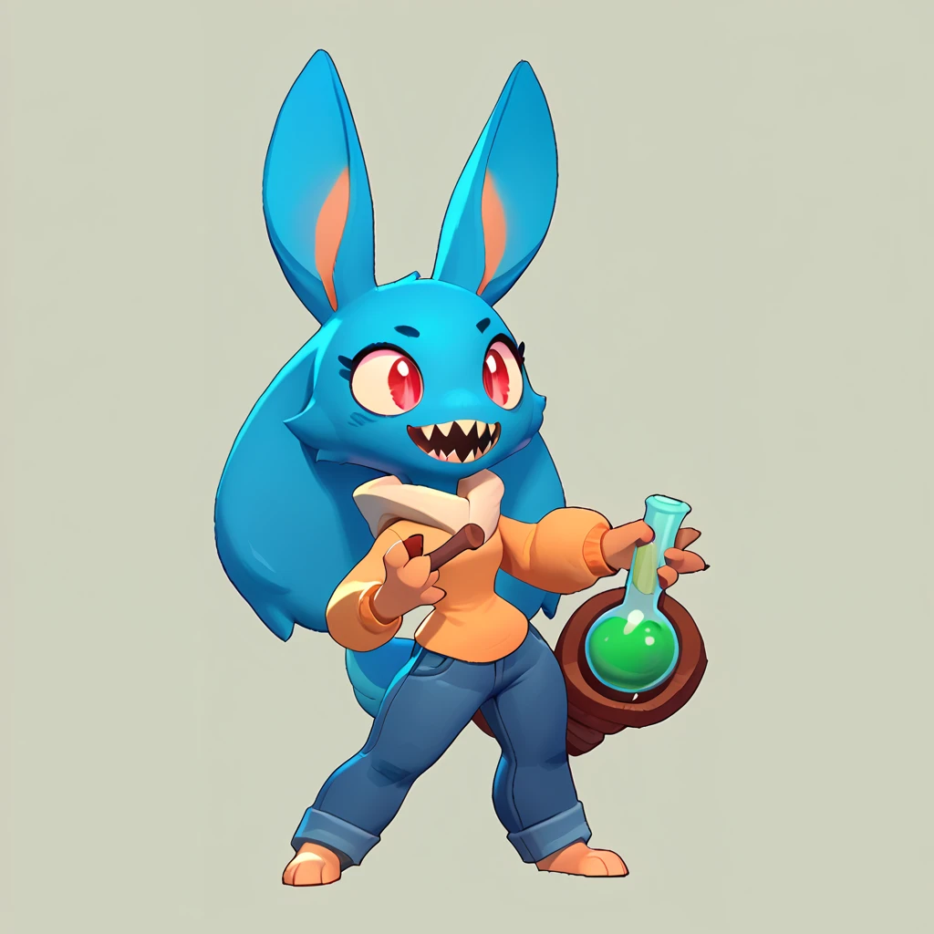 Full body view from a round creature with blue fur, female, long ears, smiling, sharp teeth, wearing jeans, friendly round creature, holding a green potion in his hand