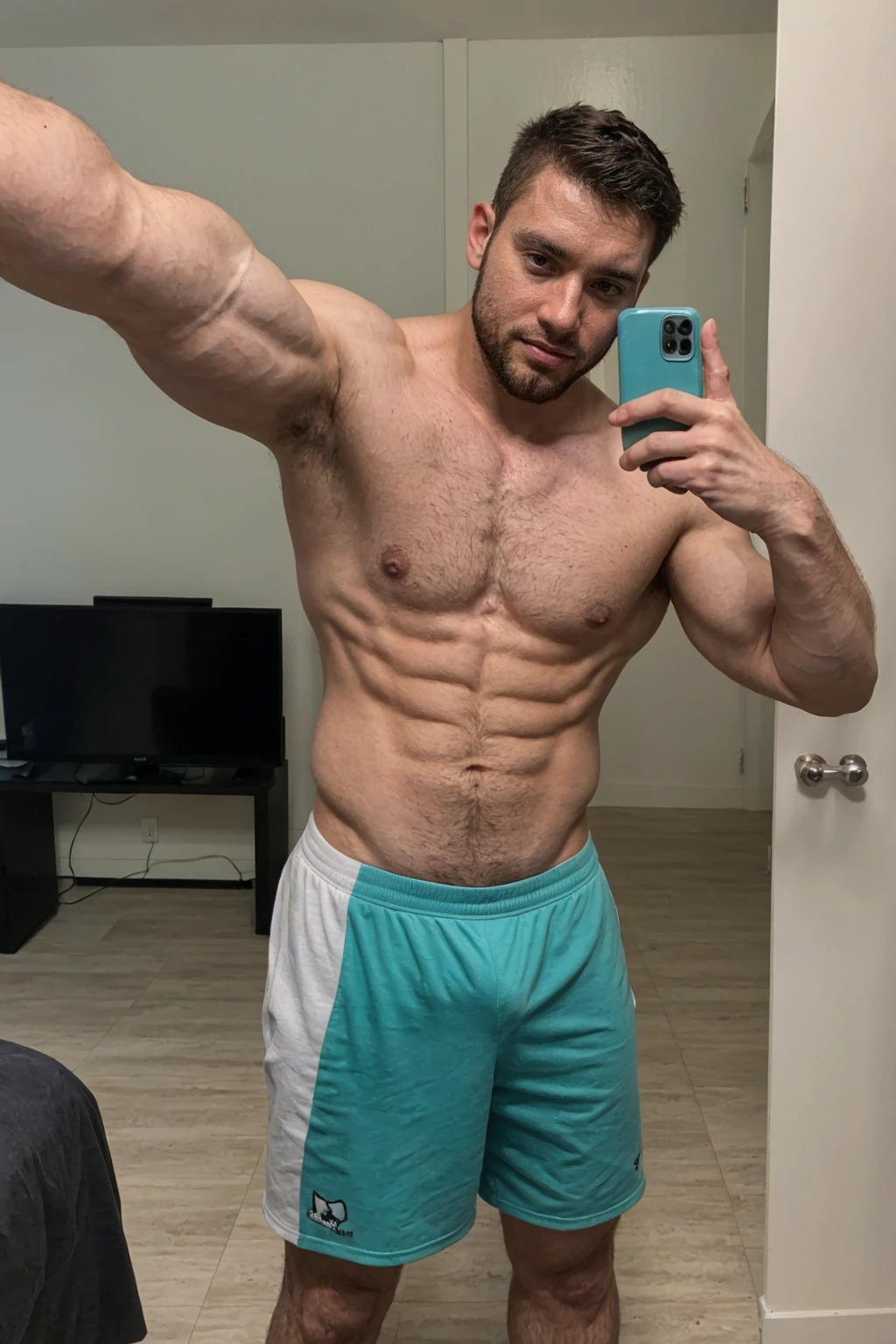 Real image of muscular and hairy man, short black hair, short beard, shirtless, wearing turquoise boxers with white and blue rounds. taking a selfie in a mirror.