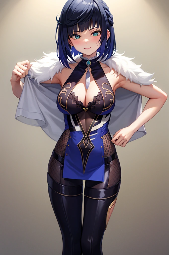 1girl,(adult:1.2),solo,isekgiyelan, fur coat, medium sized breasts, undressing, shy, bent over, seductively smiling, half naked