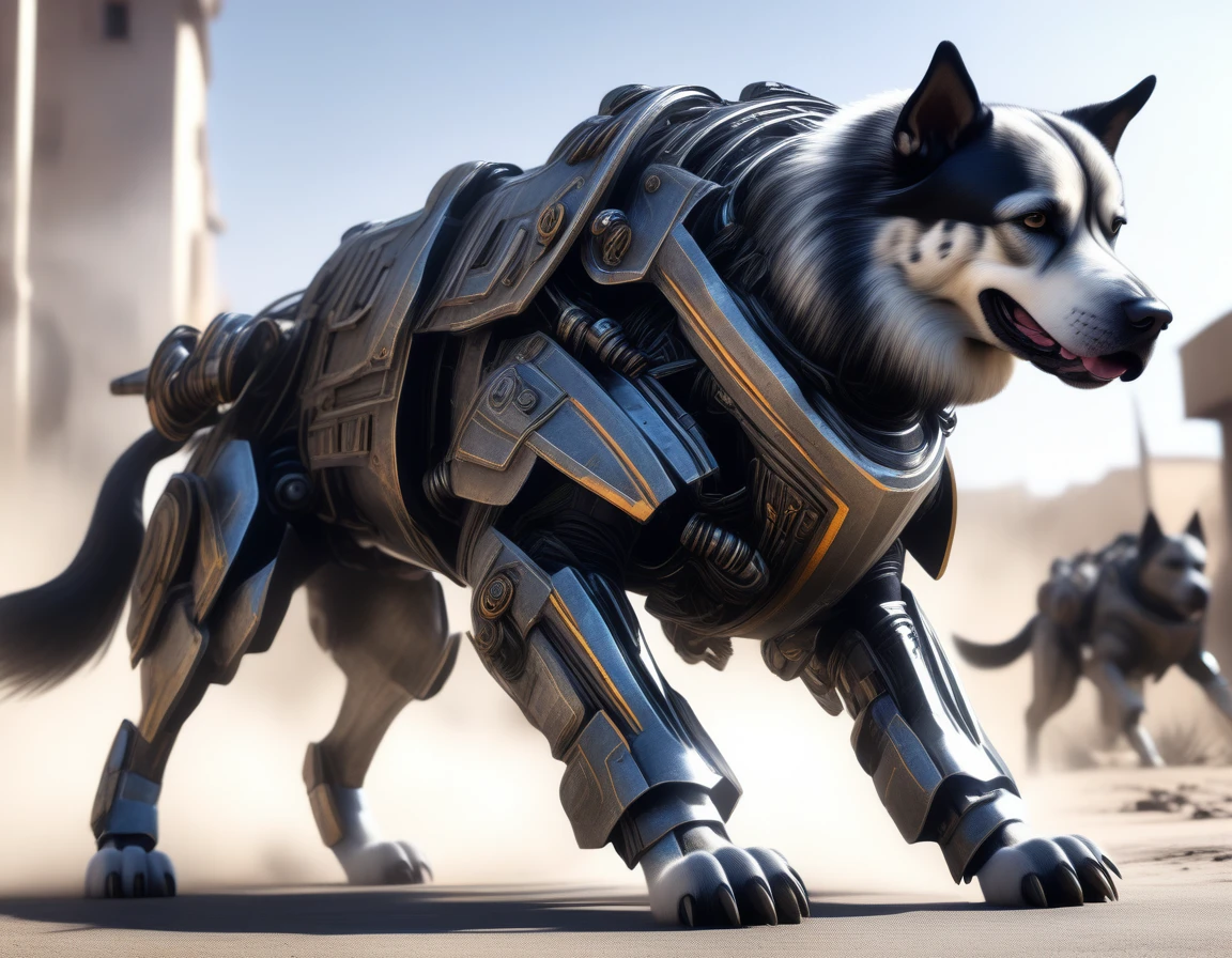 Ultra-realism, ((Masterpiece)), ((Best Quality)), (Very Detailed), ((Very Detailed)), 4K, (8K), very aesthetic, absurdres highres, Create highly textured mechanical dog artwork. This dog has a metallic sheen and realistic texture and is constructed with detailed mechanical elements. The colors are metallic gray and silver, with hints of rust, giving it an aged but advanced technological look. The background is simple and focuses on the intricacy and craftsmanship of the dog design, Design a combat-ready cybernetic dog equipped with powerful weapons, situated in an outdoor battlefield. The dog should have missile launchers on its back, laser guns on its front legs, and a shield on its shoulders. It should be slashing at enemies with its sharp claws while advancing and delivering powerful attacks. The background should depict a war-torn battlefield with destroyed buildings, action pose, dynamic angle,