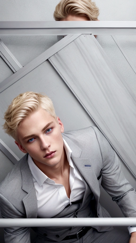 Gray buttoned suit, with gray pants, white shirt, black belt, short blond hair, and blue eyes, attractive male, young handsome, and attractive, Features, attractive man, attractive young man, Cool _ hairstyle, blond man, Slim man with fair skin, Young man, 8k