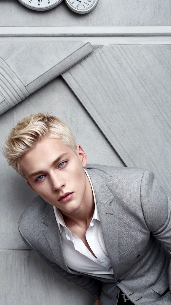 Gray buttoned suit, with gray pants, white shirt, black belt, short blond hair, and blue eyes, attractive male, young handsome, and attractive, Features, attractive man, attractive young man, Cool _ hairstyle, blond man, Slim man with fair skin, Young man, 8k