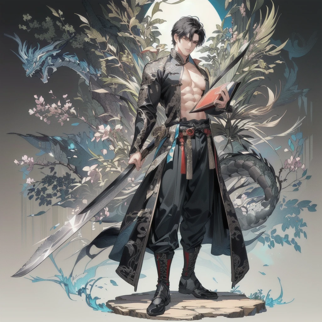 (Extremely complex and exquisite details,masterpiece,Highest quality,Full body picture of a strong, masculine and handsome man with short black hair,Modernity,Strong handsome masculine style,Holding a stick with a machete in his right hand,Holding book in left hand,Showing off muscles),correct anatomy,Very strong muscles,Exquisite Chinese dragon high contrast background,Broadsword
