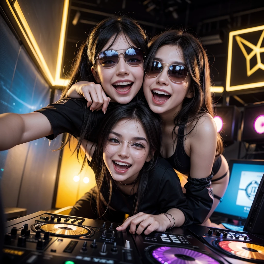 Two 25 year old DJ friends, happy, with sunglasses, putting sound at a rave