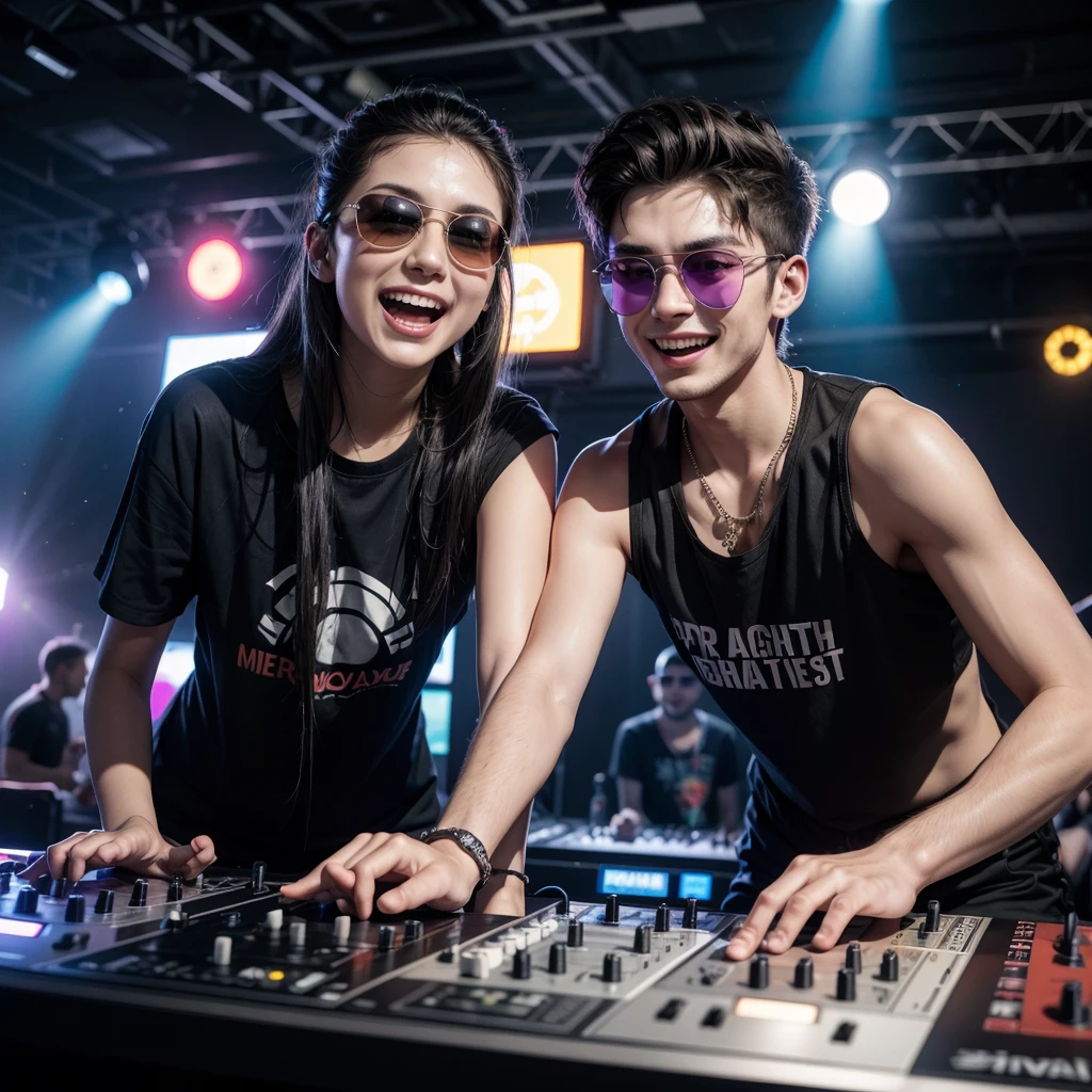 Two 25 year old DJ friends, happy, with sunglasses, putting sound at a rave