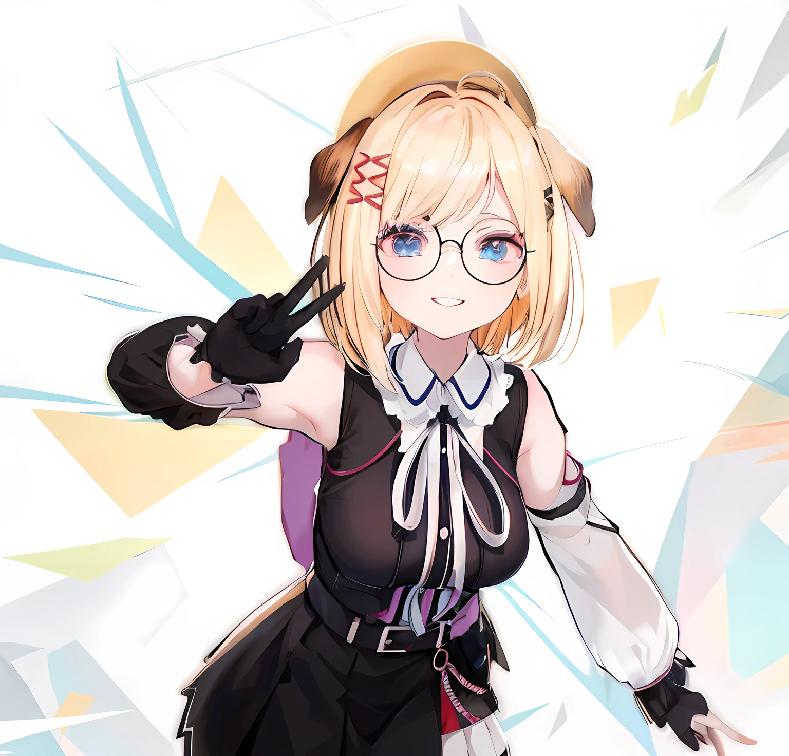 blonde anime girl in a short black skirt and white shirt with blue eyes, wearing round glasses, have a cute brown dog ears, cute smile, look at camera, render of a cute 3d anime girl, anime styled 3d, hanayamata, small curvy , realistic anime 3 d style, 3d anime girl, anime moe artstyle, vrchat, , anime style. 8k, stylized anime, render of april, shikamimi, at a park