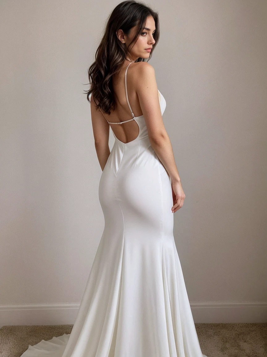 Create an image of a sexy and tall dark brunette with slightly wavy hair, standing at 175cm tall. The woman should be dressed in an elegant evening dress with a sexy cut that reveals her leg, cleavage, and open back, showcasing her perfect body in a way that is both elegant and alluring. The woman should have an elegant hairstyle, adding to the overall allure of the image. The image should be captured in a way that creates a dynamic and alluring image that combines the elegance of the evening dress with the sex appeal of the woman's body