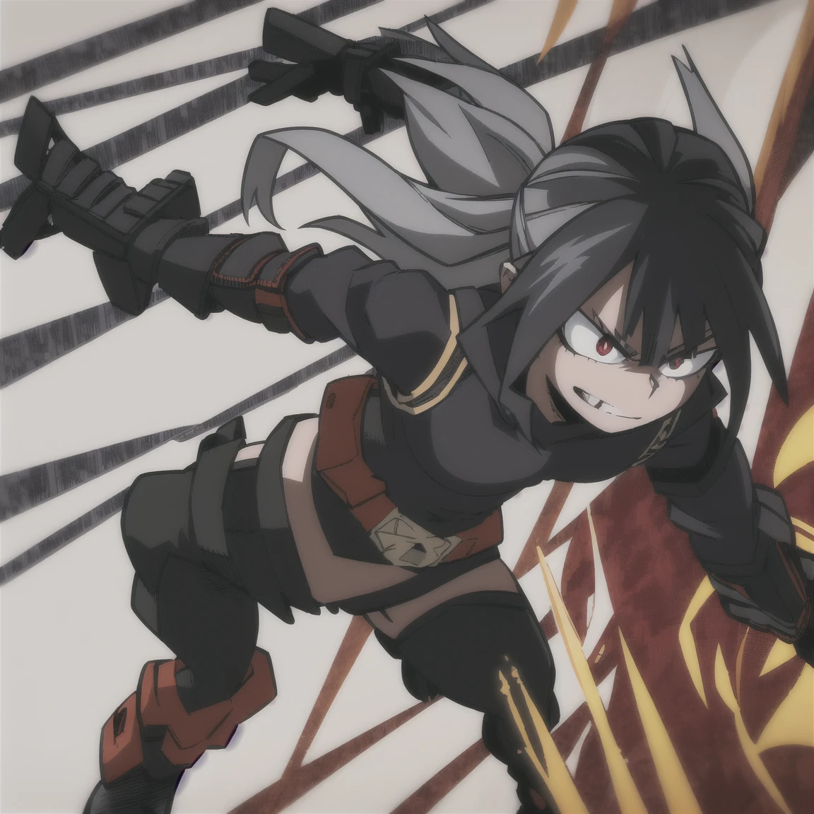 1girl, female focus, auburn hair, long wavy hair, red eyes, smirk, midnight-black mask, dark purple hood tattered cape, black body suit accents of dark purple and silver, tactical vest, gauntlets, utility belt, leggings, black combat boots, cloak enhancement, mhaoc, MHA screencap, horikoshi kouhei