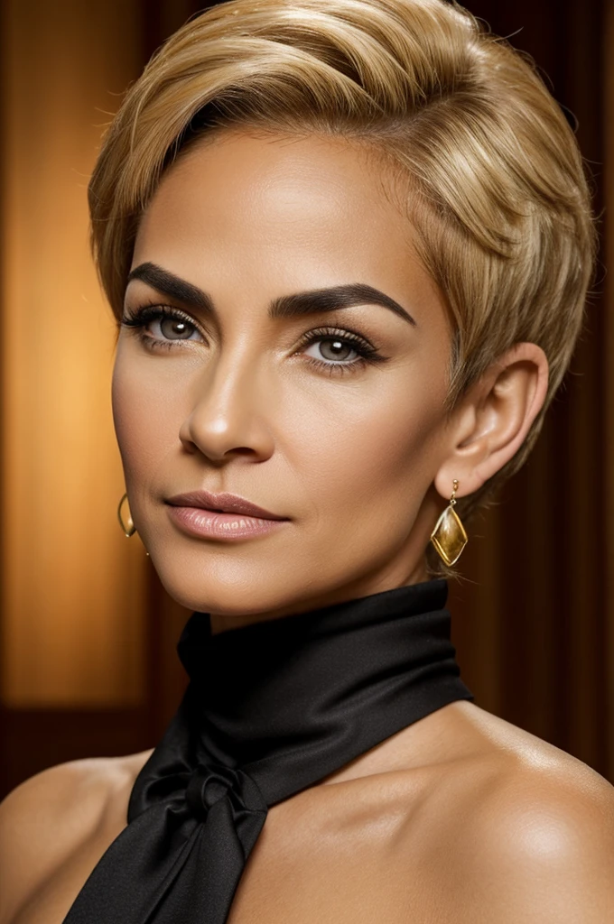 50 year old woman , long face, Big eyebrows, long nose, big honey colored eyes, strong chin, small cheekbones, medium ears, beautiful mouth medium lips, Small front, short blonde afro hair, light skin color, wearing a female tuxedo