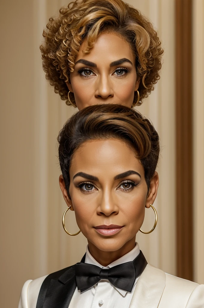 50 year old woman , long face, Big eyebrows, long nose, big honey colored eyes, strong chin, small cheekbones, medium ears, beautiful mouth medium lips, Small front, short blonde afro hair, light skin color, wearing a female tuxedo