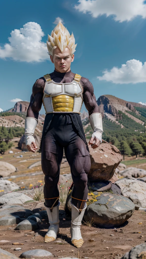 ((masutepiece:1.4, Best Quality)), ((masutepiece, Best Quality,8K)), (photographrealistic:1.4), (Cowboy Shot, Solo, Male Focus, 1boy, Vegeta, Serious, Looking at Viewer, Black spiked hair, Black eyes, armor, Enamel Bodysuit, White Gloves), (rocky ground, Rocky mountain, skyporn), Professional Lighting, Physically-based rendering(((sayan armor white )))(((super sayan spik hair))).