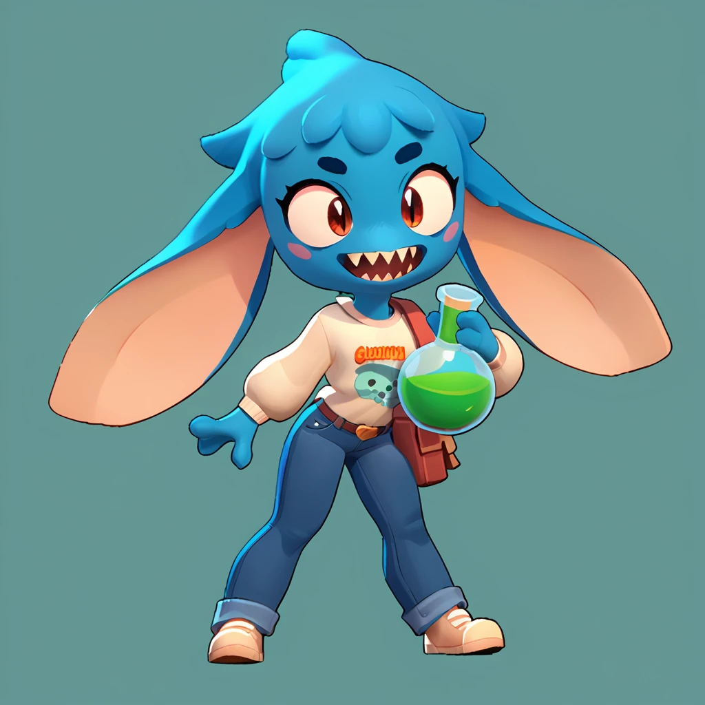 Full body view from a round creature with blue fur, ager, female, long ears, smiling, sharp teeth, wearing jeans, friendly round creature, holding a green potion in his hand