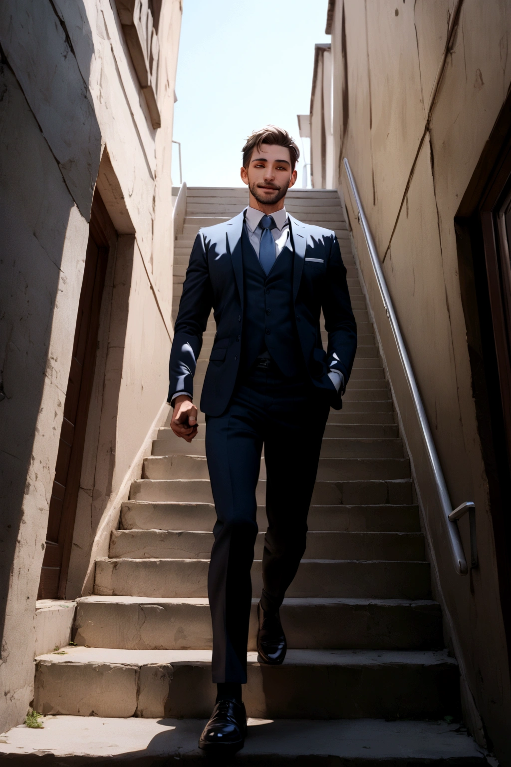 Draw a man in a suit climbing a staircase full of surprises and happy