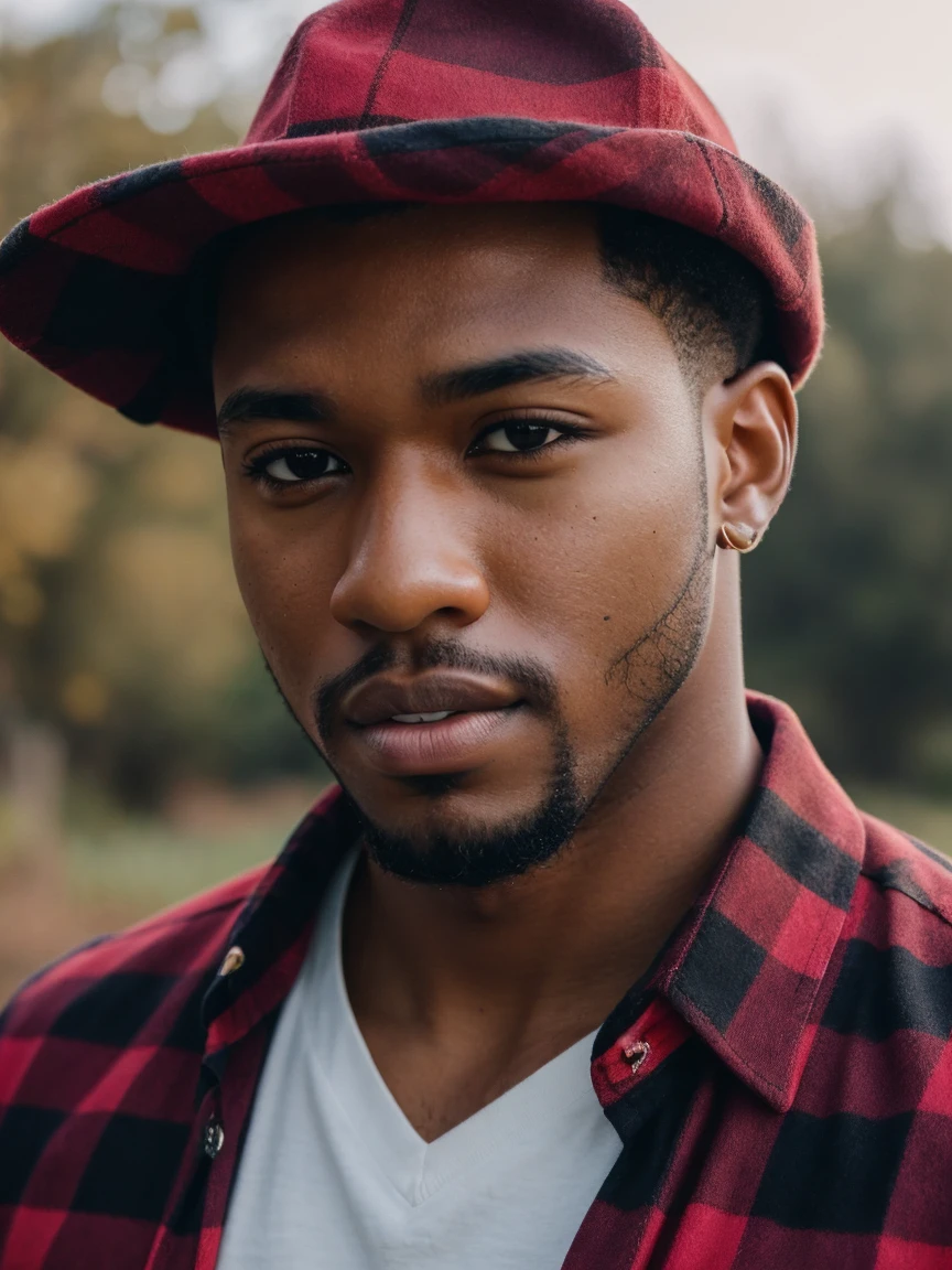 lifestyle photography, photo of a handsome black man, meditative facial expression, red flannel shirt, black cargo pants and combat boots, close up on face, soft lighting, high angle, shot on a Fujicolor Pro