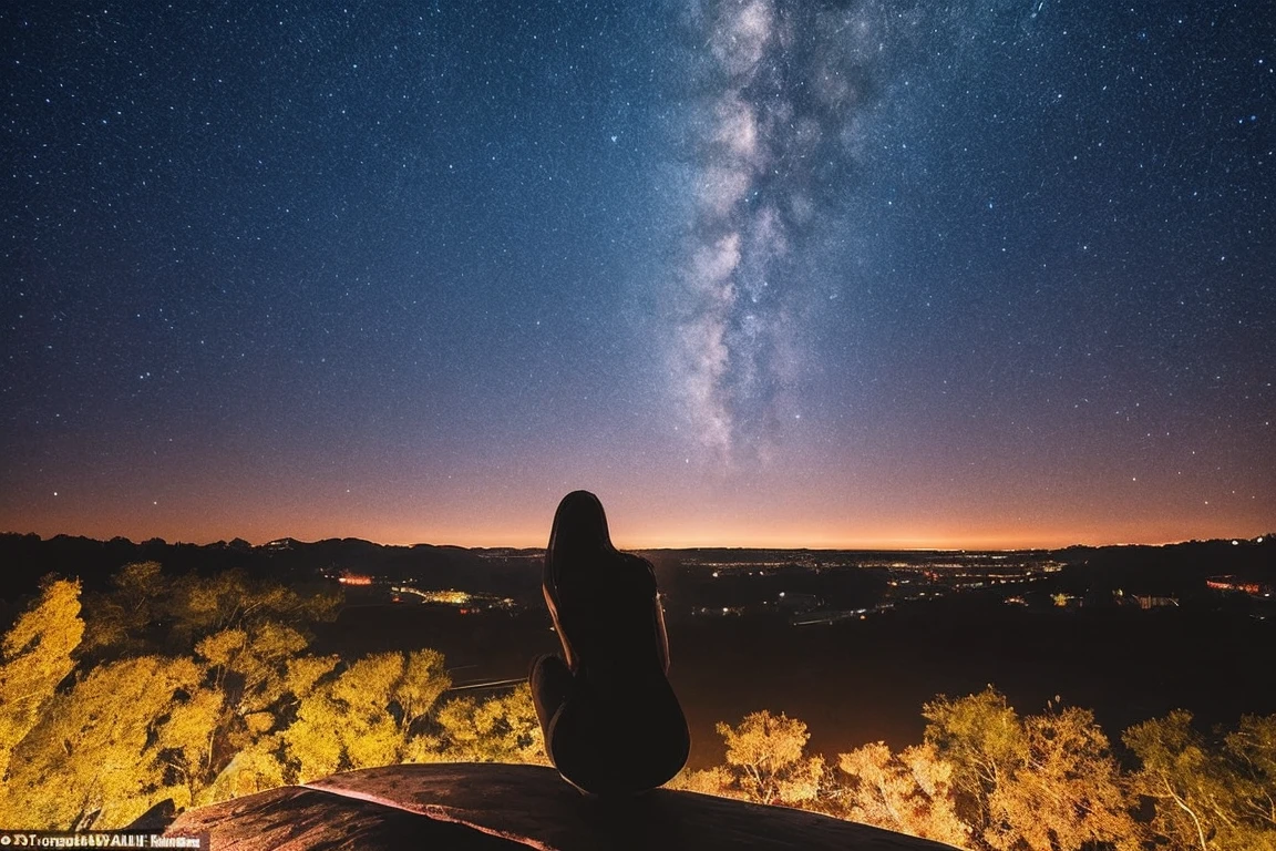 Octane, starがちりばめられた空の柔らかな輝きに包まれて, He painted a solitary figure against a fascinating background.. Perched on a sturdy tree trunk, A girl was looking at the night view, Her long hair cascades down her back like a silky waterfall.. Streetscape, Just a silhouette against the Milky Way, It was a testament to the contrast between nature and civilization.. A single cloud was flowing lazily, It casts a long shadow at the girl&#39;s feet., star々sparkling like diamonds in the velvet sky. Octaneの夜の静けさを乱したのは