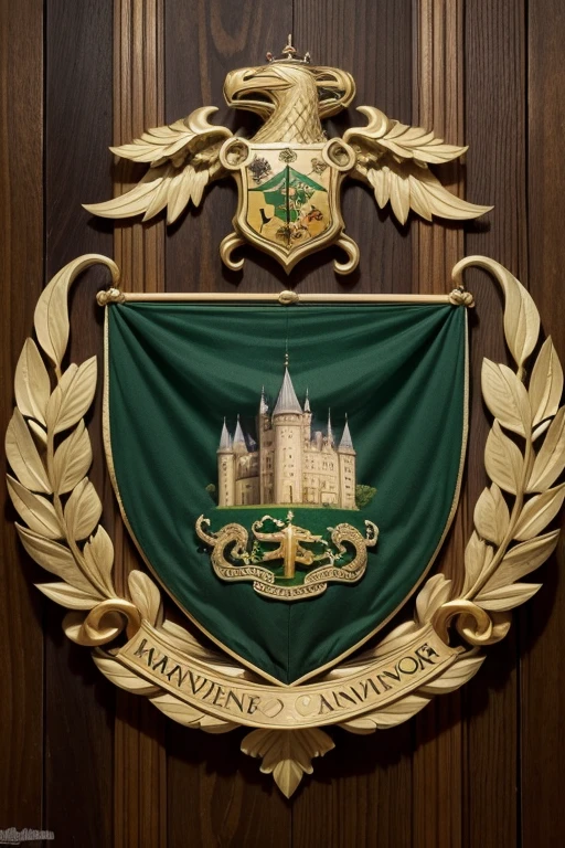 create a coat of arms for the Lancaster family whose symbol is a snake coiled around the tower of a castle with the predominant color green