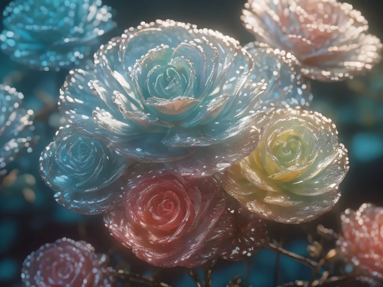 Colorful A gem, The arrival of spring, A variety of beautiful flowers, View from below, Falling from the sky々A gem, Amazingly beautiful scenery, Slightly hazy, wonderful, High resolution, 8K, (Highest quality, High resolution, Realistic:1.37), Shiny metallic flowers, Intricate and delicate petals, Reflective surface, Vibrant colors, Intricate details, Close-up view, Ultra-Realistic Garden, Ultra-realistic beauty, Dreamy atmosphere, Fine art, Abstract Plants, Metallic engraving, Contrasting Textures, Mysterious glow