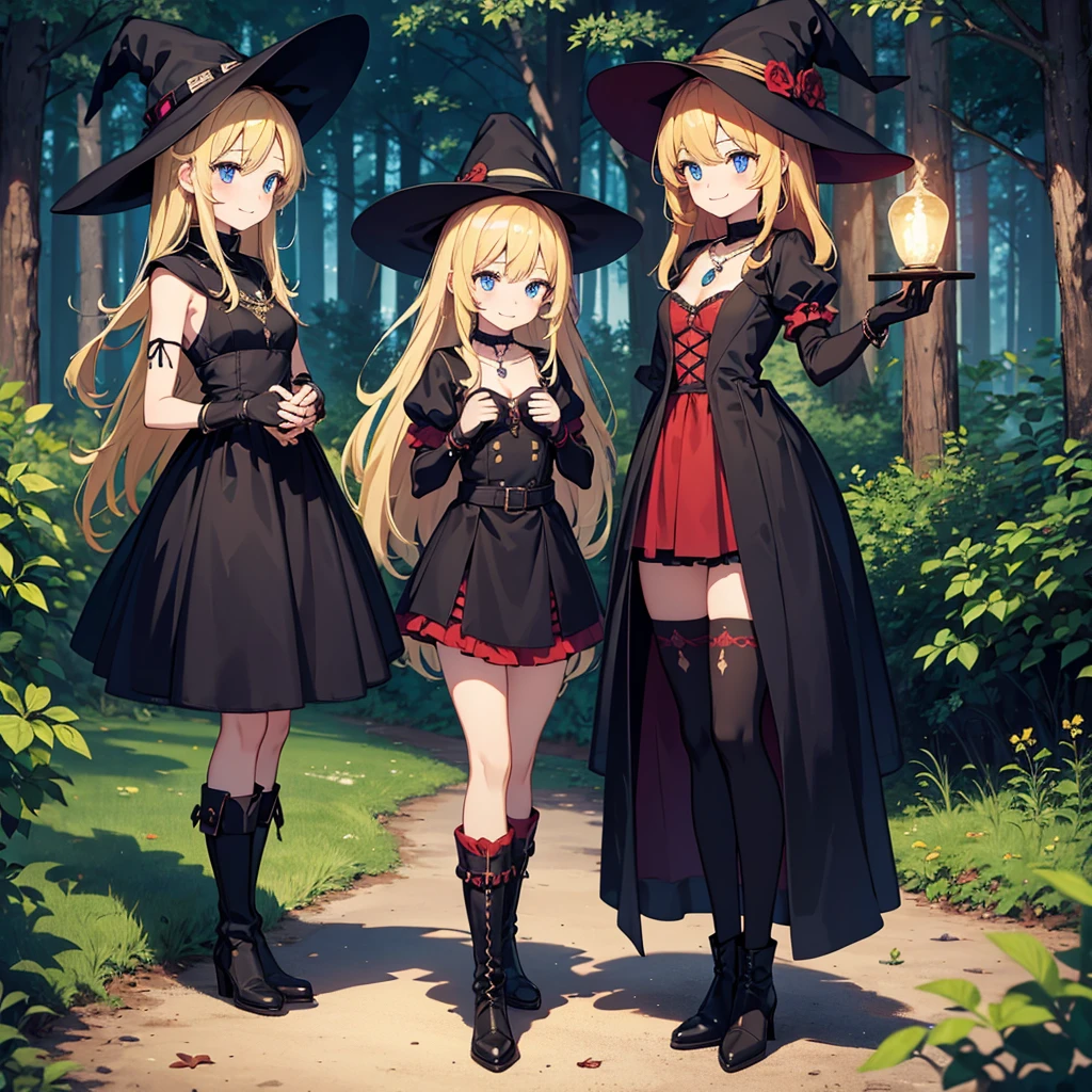 a group of beautiful witch girls in the middle of a forest in the night, standing girl young girl, gloves, elbow pads, boots, smiles, witch hat , small breasts, short black dress, necklaces, jewelry decorations, red and blonde hair, blue eyes, full body,