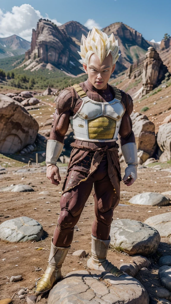 ((masutepiece:1.4, Best Quality)), ((masutepiece, Best Quality,8K)), (photographrealistic:1.4), (Cowboy Shot, Solo, Male Focus, 1boy, Vegeta, Serious, Looking at Viewer, Black spiked hair, Black eyes, armor, Enamel Bodysuit, White Gloves), (rocky ground, Rocky mountain, skyporn), Professional Lighting, Physically-based rendering(((sayan armor white )))(((super sayan spik hair))).