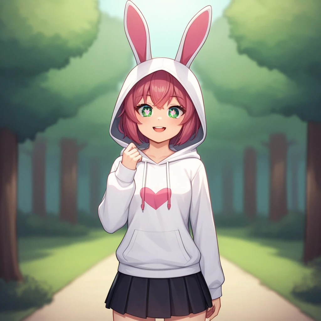 source_anime, score_9, score_8_up, BREAK Best girl, rabbit ears, (sparkling eyes:1.1), hoodie, skirt, forest background