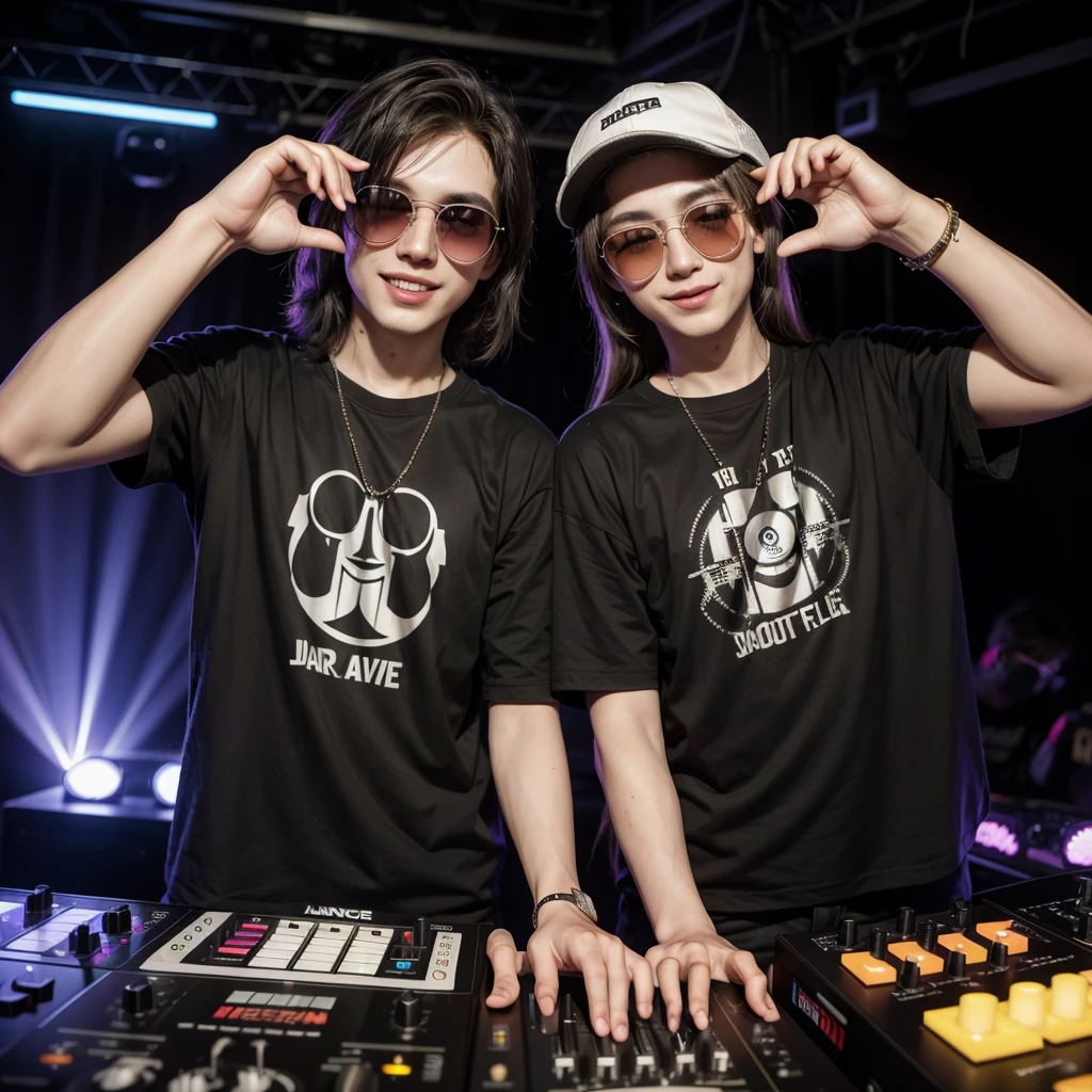 Two 25 year old DJ friends, happy, with sunglasses, putting sound at a rave