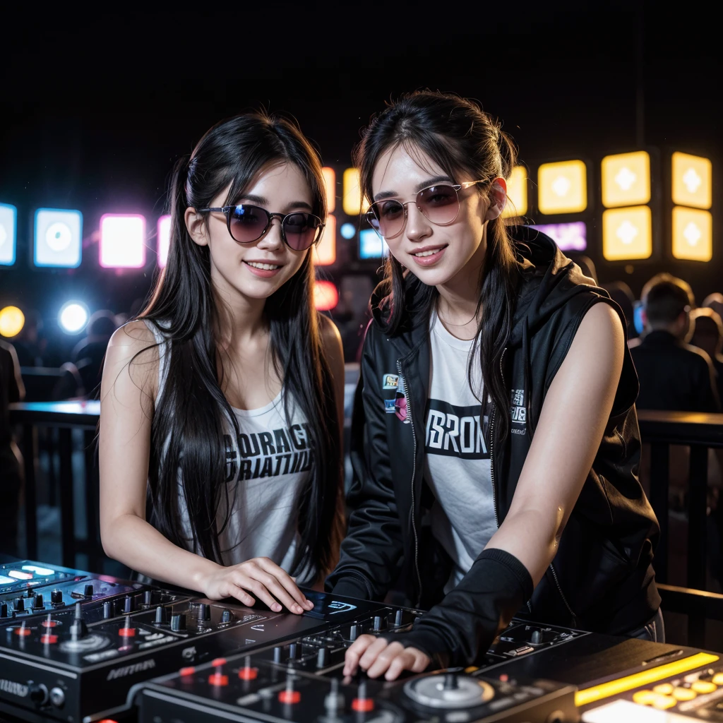 Two 25 year old DJ friends, happy, with sunglasses, putting sound at a rave