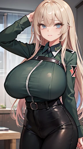 A girl who wears military clothes, brown heirs, gigantic breasts, anime cartoon, german third reich, ((highest quality)), ((masterpiece)),