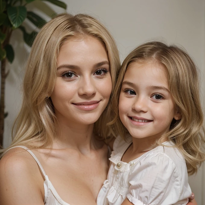 Una mujer blanca afro rubia, with a 4 year old girl straight blonde hair, elle sourient,