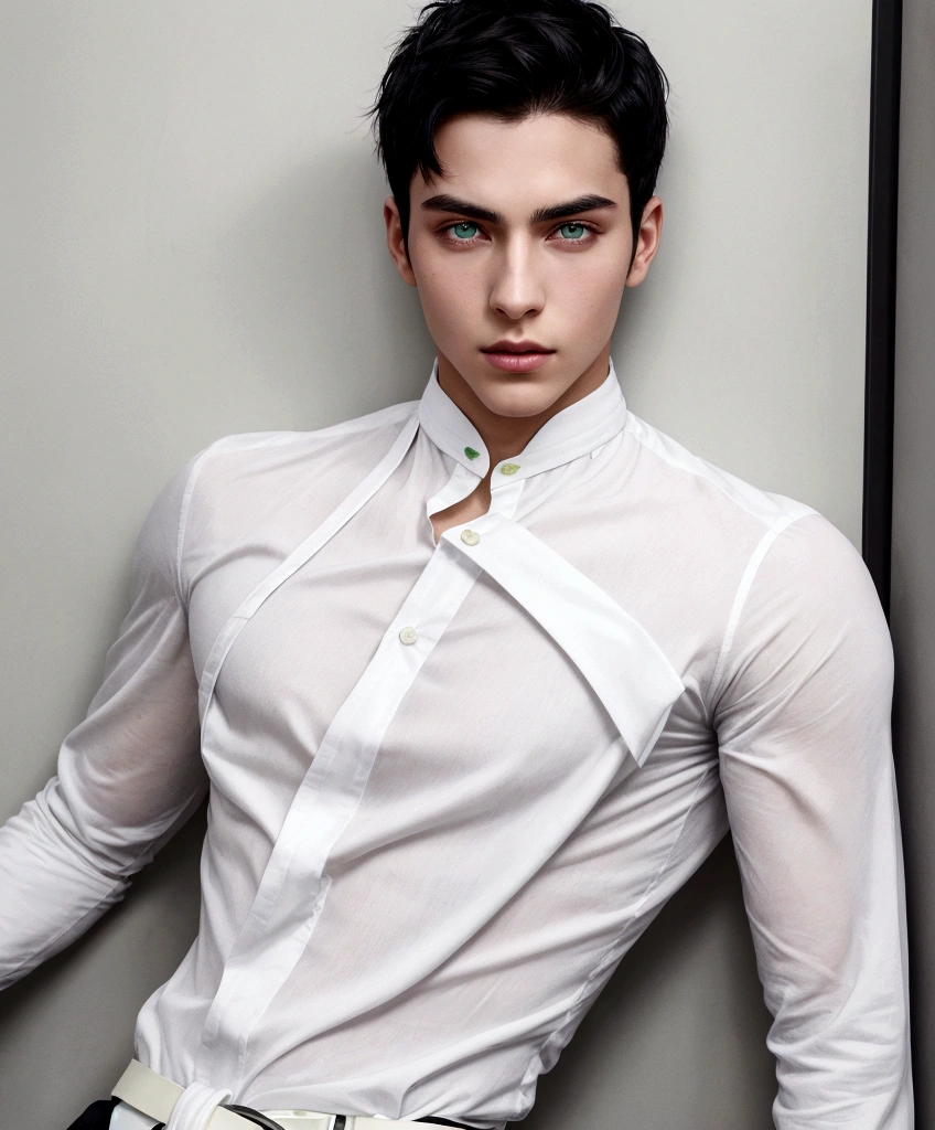 white shirt, black belt, short black hair, and green eyes, attractive male, young, and attractive, Features, attractive man, attractive young man, Cool _ hairstyle, Slim man with fair skin, Young man, 8k, portrait, photo by iphoe