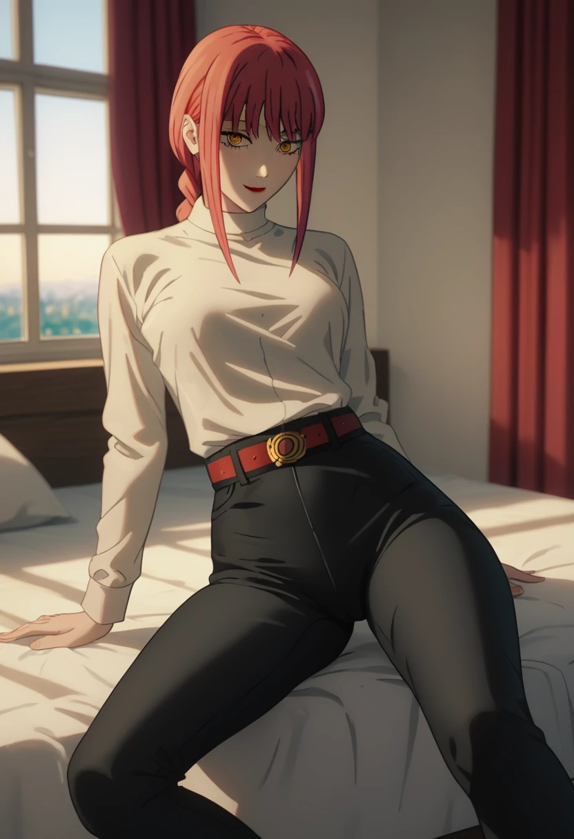 score_9_up, score_8_up, score_7_up, 1girl, solo, mature female, ((Makima)), ((red braided hair)), yellow eyes, red lips, fit slim body,(((perfect erected medium breast))) (((white shirt, black tight pants, belt))), (((highly detailed bedroom, window, bed))), perfect fit model body, wide hips, seductive pose