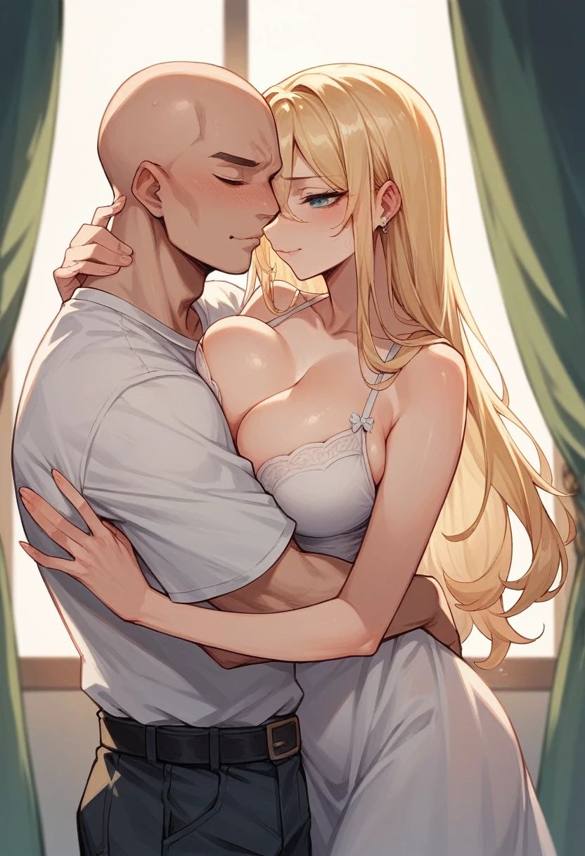 photo format 4:3 blonde woman long hair young and sensual without clothes big breasts accompanied by her a bald man without clothes hugging her sensual
