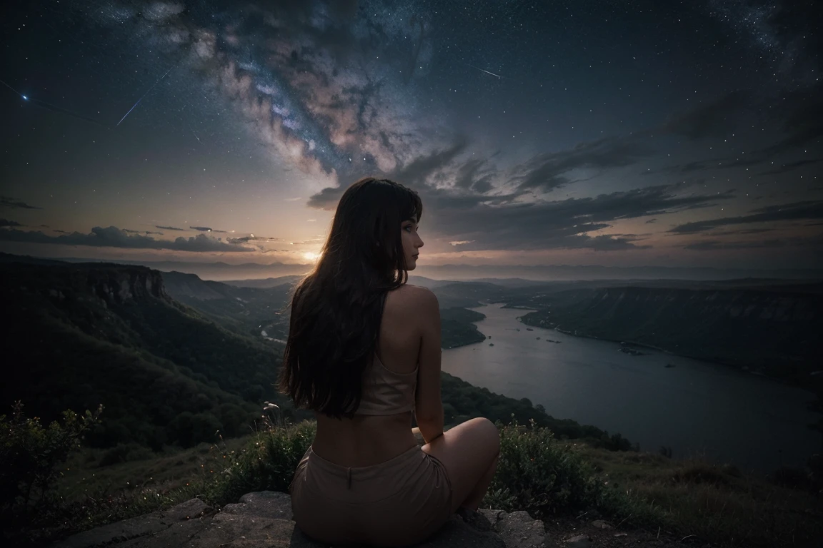 Octane, starがちりばめられた空の柔らかな輝きに包まれて, He painted a solitary figure against a fascinating background.. Perched on a sturdy tree trunk, A girl was looking at the night view, Her long hair cascades down her back like a silky waterfall.. Streetscape, Just a silhouette against the Milky Way, It was a testament to the contrast between nature and civilization.. A single cloud was flowing lazily, It casts a long shadow at the girl&#39;s feet., star々sparkling like diamonds in the velvet sky. Octaneの夜の静けさを乱したのは