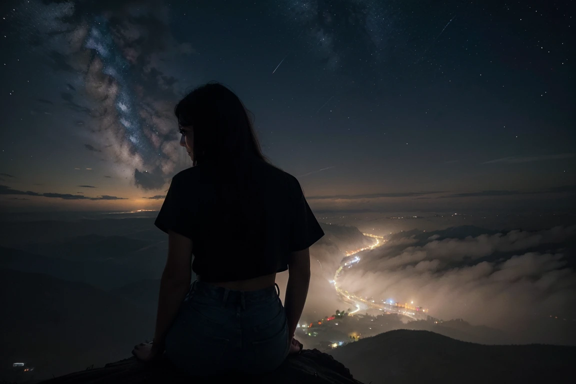 Octane, starがちりばめられた空の柔らかな輝きに包まれて, He painted a solitary figure against a fascinating background.. Perched on a sturdy tree trunk, A girl was looking at the night view, Her long hair cascades down her back like a silky waterfall.. Streetscape, Just a silhouette against the Milky Way, It was a testament to the contrast between nature and civilization.. A single cloud was flowing lazily, It casts a long shadow at the girl's feet., star々sparkling like diamonds in the velvet sky. Octaneの夜の静けさを乱したのは