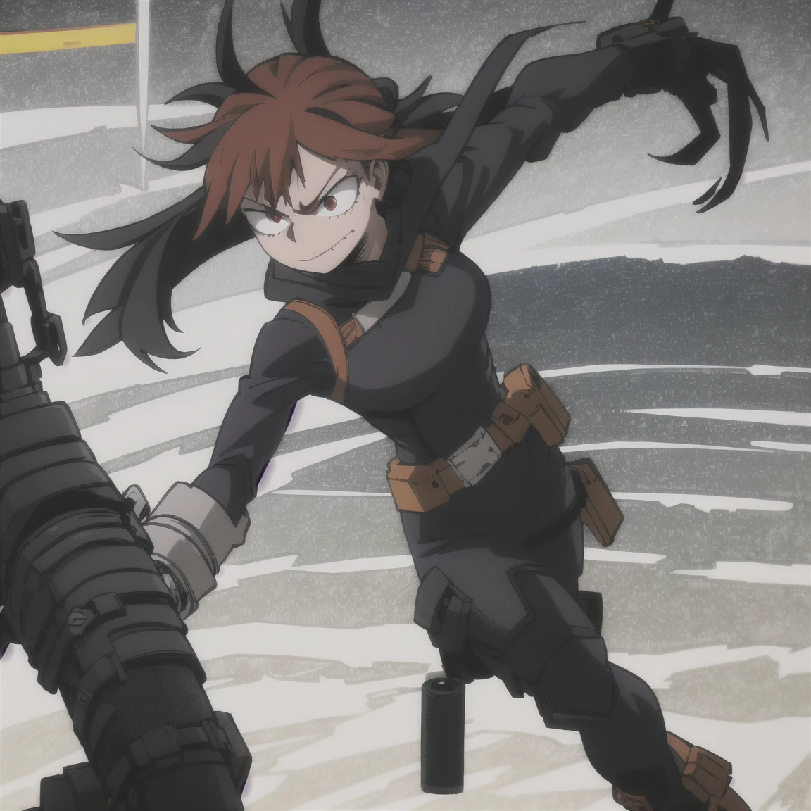 1girl, female focus, auburn hair, long wavy hair, red eyes, smirk, midnight-black mask, dark purple hood tattered cape, black body suit accents of dark purple and silver, tactical vest, gauntlets, utility belt, leggings, black combat boots, cloak enhancement, mhaoc, MHA screencap, horikoshi kouhei