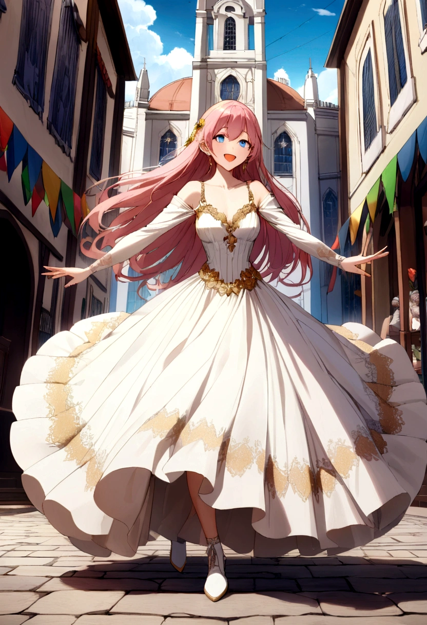 25 years, blue eyes、Detailed pink haired woman、、, Developed model body, Beautiful body elegant beautiful face young, smile, Look at the sky, She is wearing a long loose colored country wedding dress and white shoes, I am very happy, They danced in the arena of São João, a city in the interior of Minas Gerais., The whole city is decorated with colorful flags on the streets, White and blue church with ochre copper and gold decorations