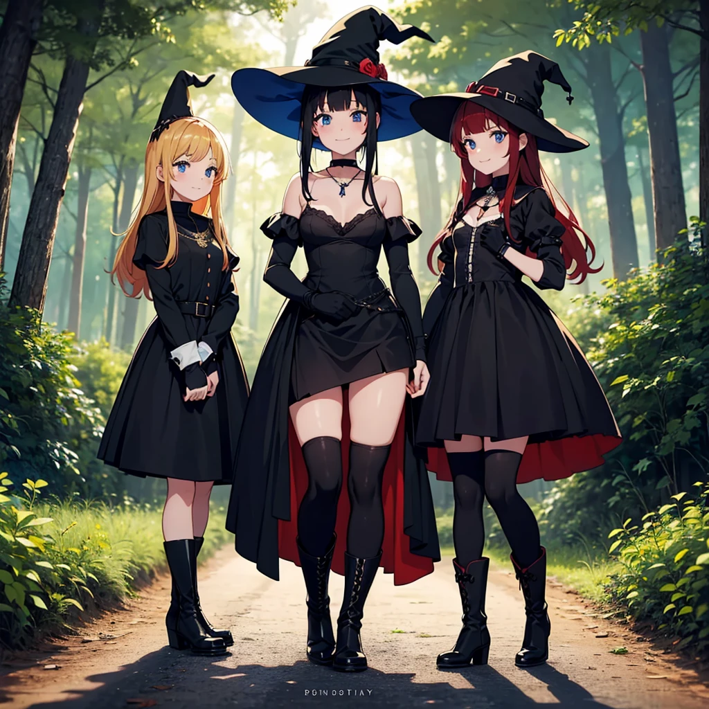 a group of beautiful witch girls in the middle of a forest in the night, standing girl young girl, gloves, elbow pads, boots, smiles, witch hat , small breasts, short black dress, necklaces, jewelry decorations , black red hair , red hair , black hair , blonde hair, blue eyes, full body,